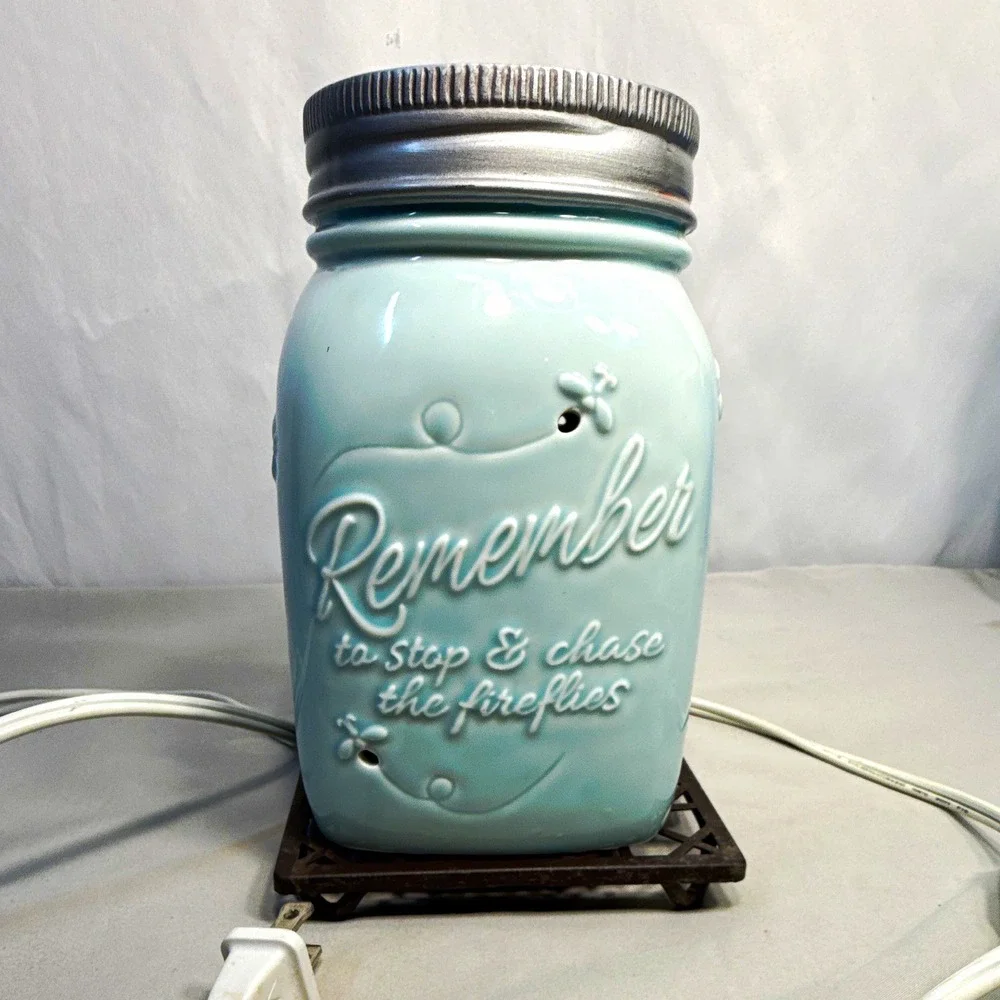 Cute Scentsy Inspired by Heidi Blue Mason Jar w/Fireflies Wax Warmer on Stand